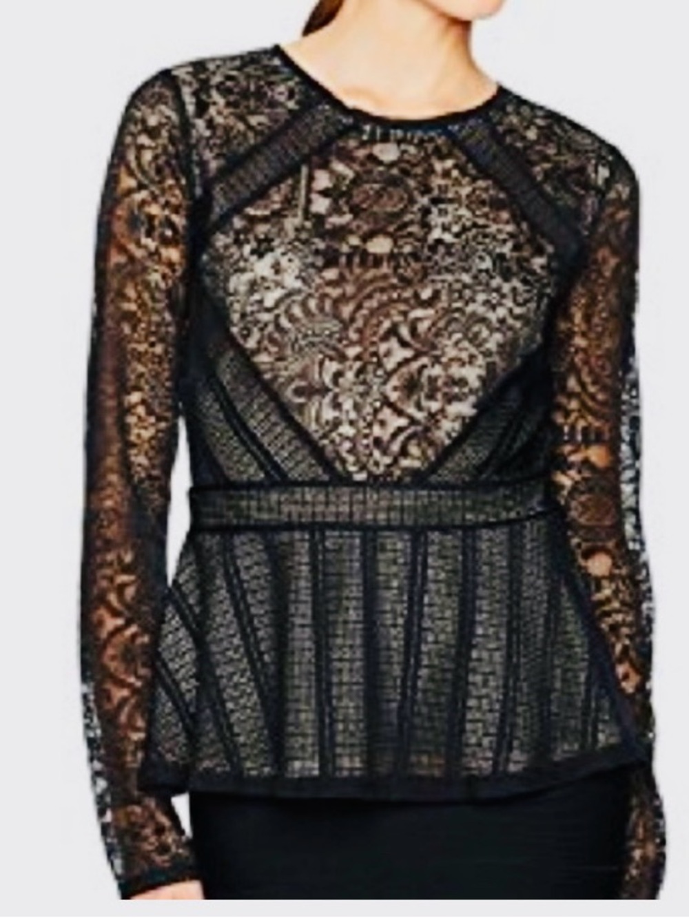 BCBGMAXAZRIA Black Lace Peplum Sheer Long Sleeve Top L